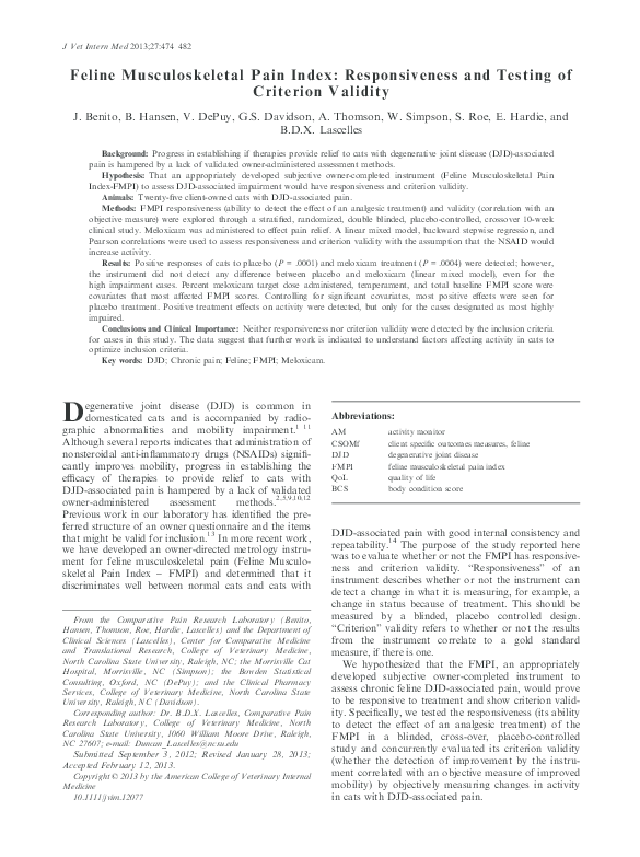 (PDF) Feline Musculoskeletal Pain Index: Responsiveness and Testing of ...