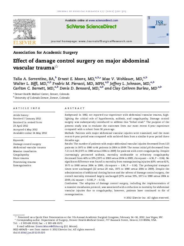 (PDF) Effect of damage control surgery on major abdominal vascular trauma