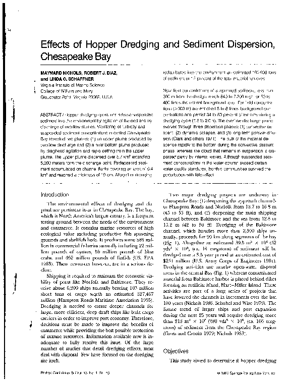 (PDF) Effects of hopper dredging and sediment dispersion, chesapeake bay