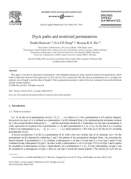 (PDF) Dyck paths and restricted permutations