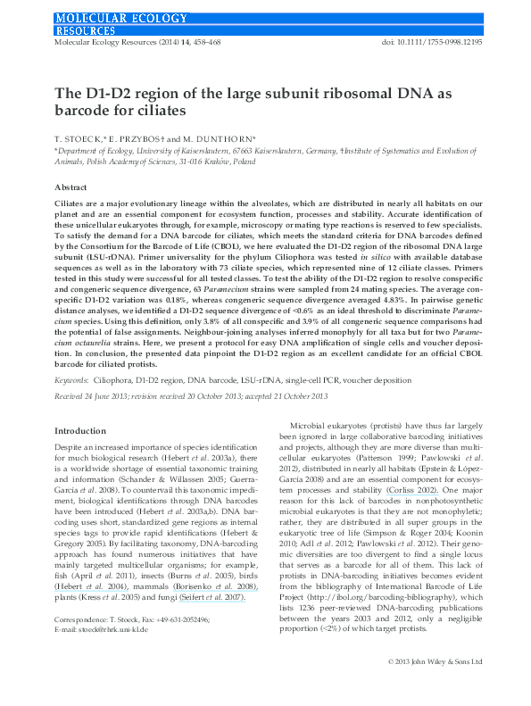 (PDF) The D1-D2 region of the large subunit ribosomal DNA as barcode ...