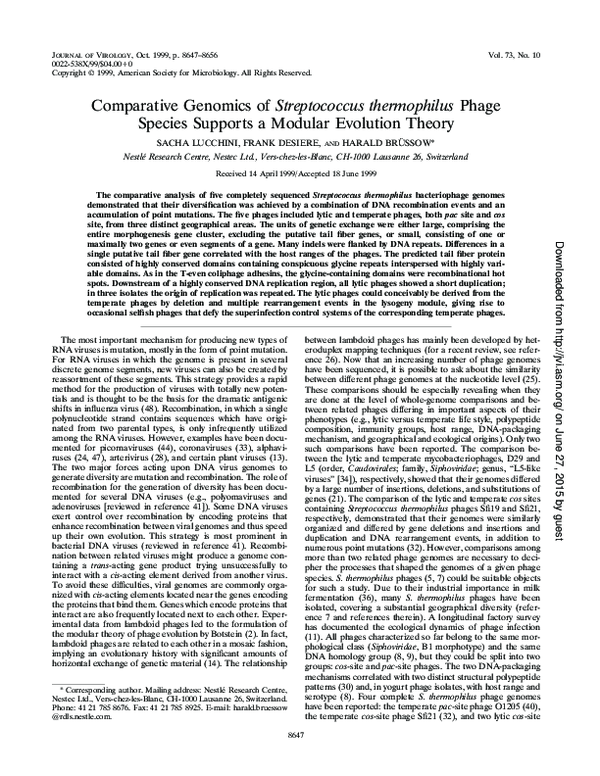 (PDF) Comparative genomics of Streptococcus thermophilus phage species ...