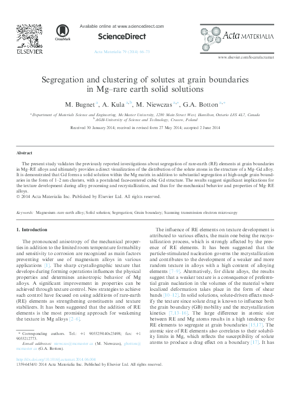 (PDF) Segregation and clustering of solutes at grain boundaries in Mg ...