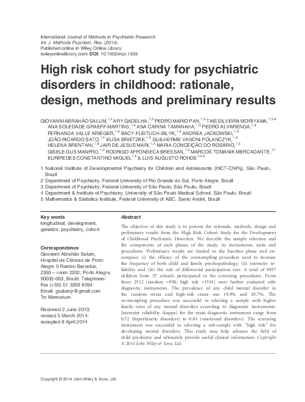 (PDF) High risk cohort study for psychiatric disorders in childhood ...