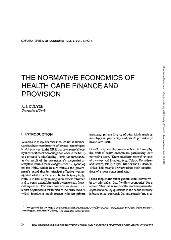 (PDF) The Normative Economics of Health Care Finance and Provision