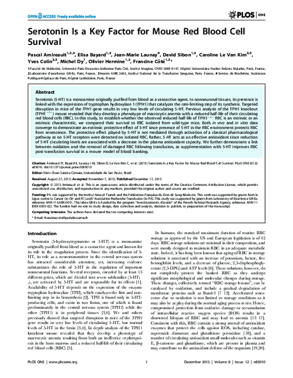 (PDF) Serotonin Is a Key Factor for Mouse Red Blood Cell Survival