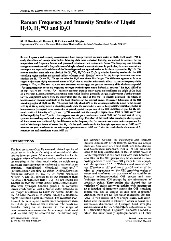 (PDF) Raman frequency and intensity studies of liquid H2O, H218O and D2O