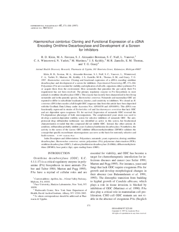 (PDF) Haemonchus contortus:Cloning and Functional Expression of a cDNA ...