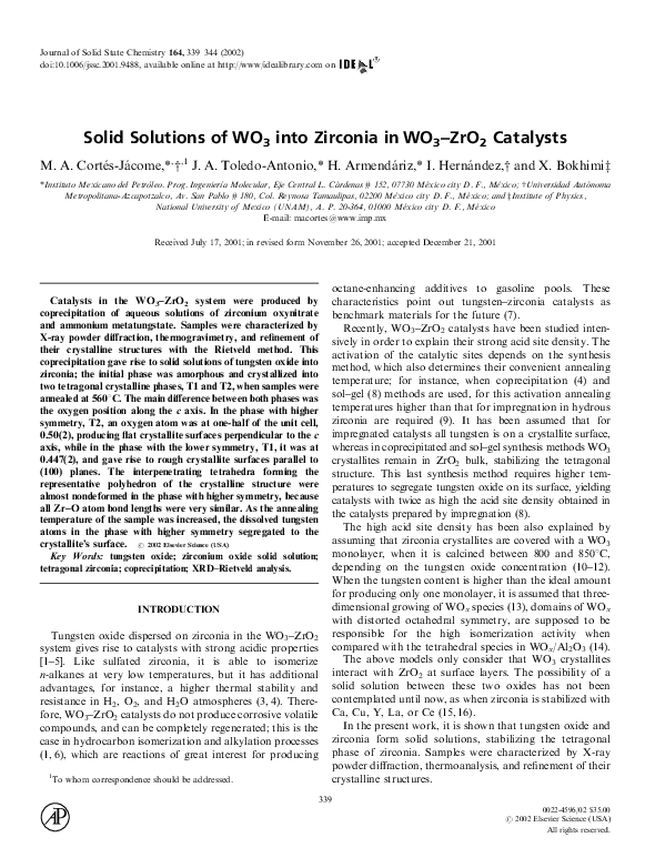 (PDF) Solid Solutions of WO3into Zirconia in WO3–ZrO2 Catalysts