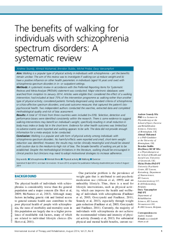 (PDF) The benefits of walking for individuals with schizophrenia spectrum disorders A