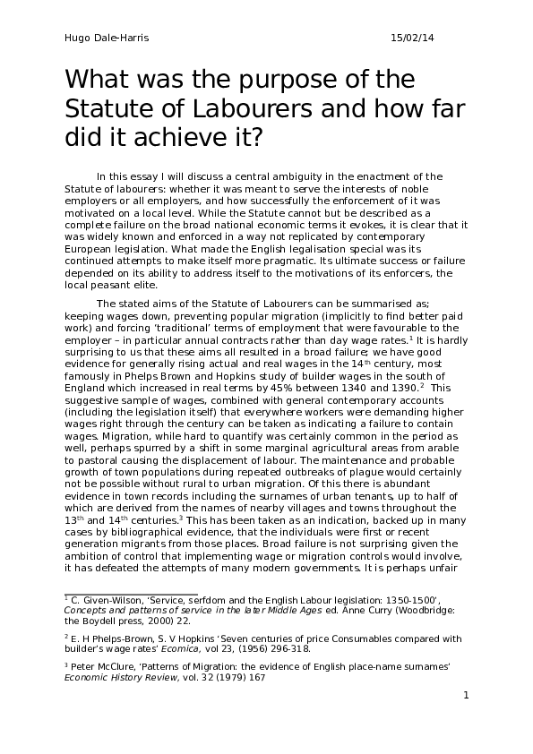 What was the purpose of the Statute of Labourers and how far did it