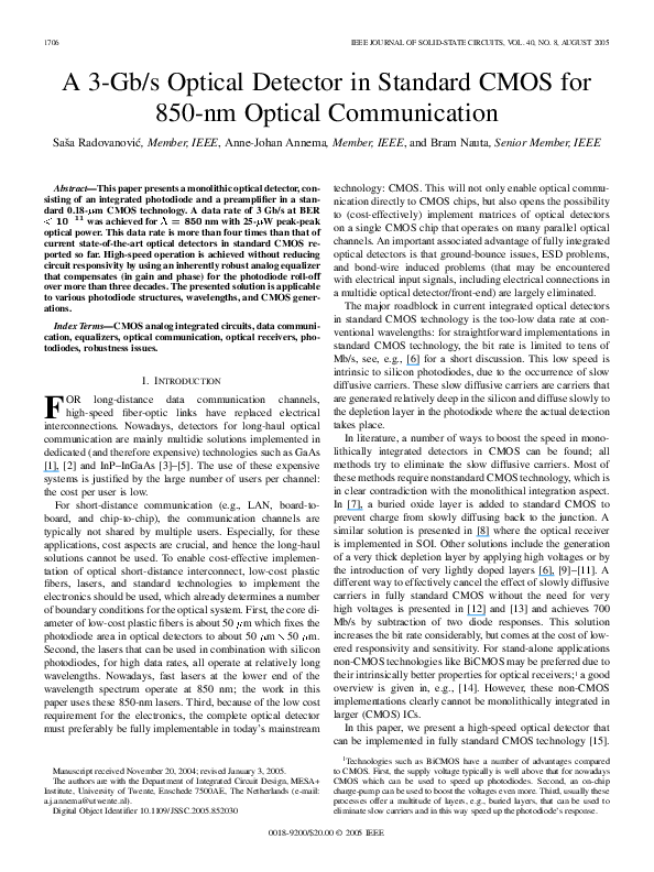 (PDF) A 3Gb/s optical detector in standard CMOS for 850nm optical