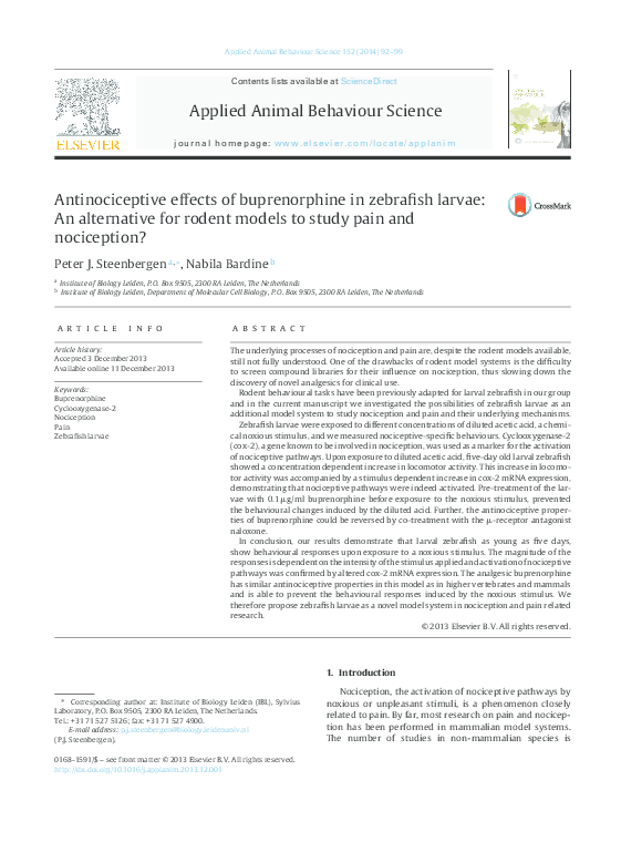 (PDF) Antinociceptive effects of buprenorphine in zebrafish larvae: An