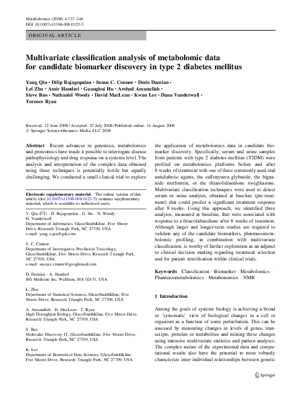 (PDF) Multivariate classification analysis of metabolomic data for ...