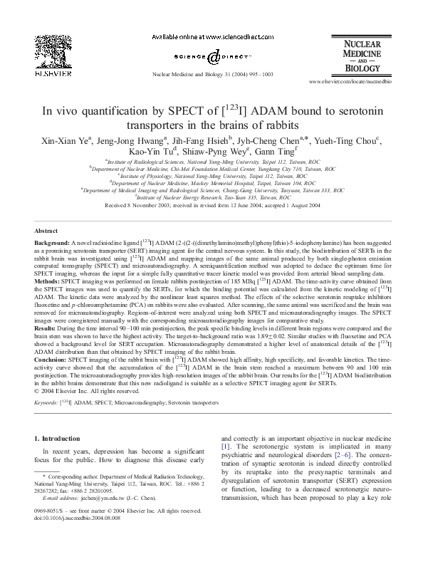 (PDF) In vivo quantification by SPECT of [123I] ADAM bound to serotonin ...