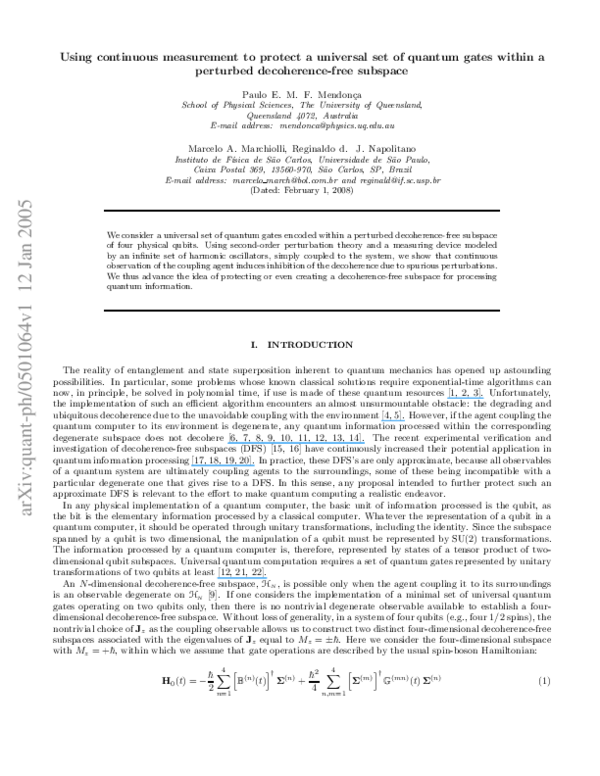 (PDF) Using continuous measurement to protect a universal set of ...