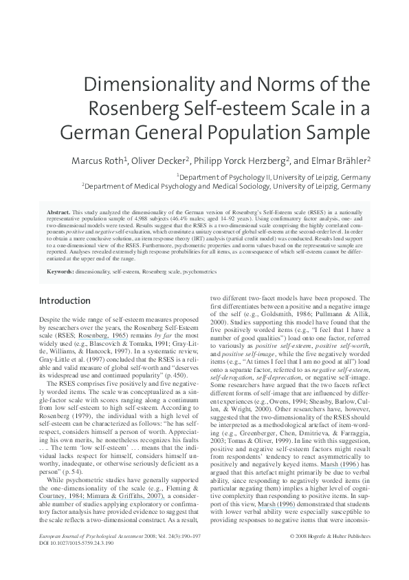  PDF Dimensionality And Norms Of The Rosenberg Self esteem Scale In A 