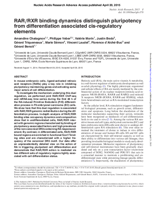 Pdf Rar Rxr Binding Dynamics Distinguish Pluripotency From Differentiation Associated Cis Regulatory Elements Marie Semon And Gerard Benoit Academia Edu