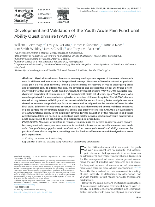 (PDF) Development and validation of the Youth Acute Pain Functional ...