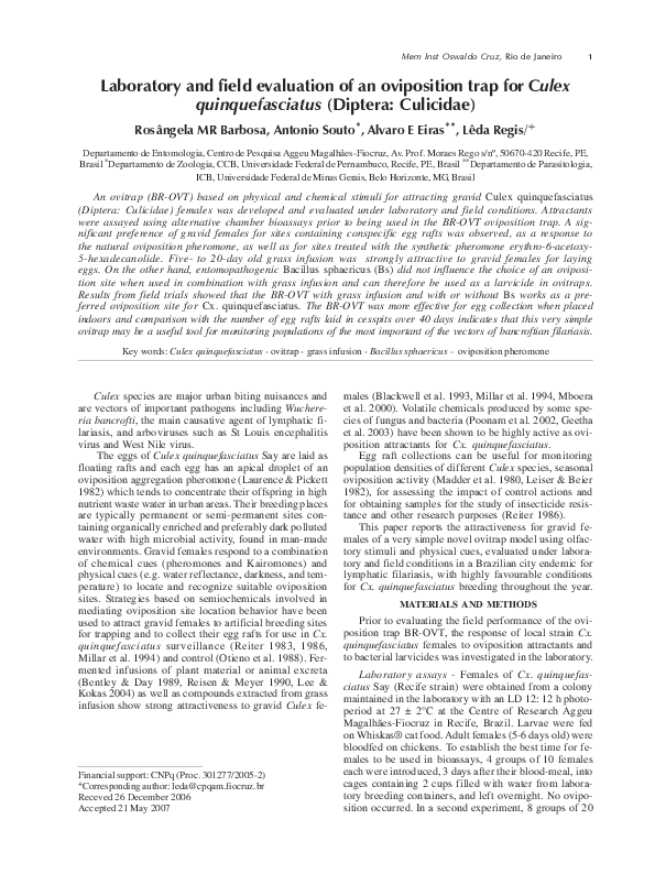 (PDF) Laboratory and field evaluation of an oviposition trap for Culex ...