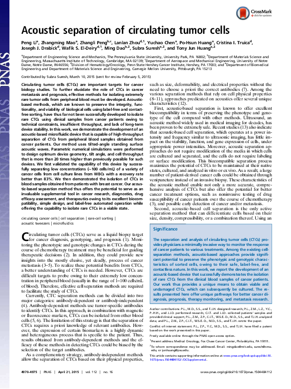 (PDF) Acoustic separation of circulating tumor cells