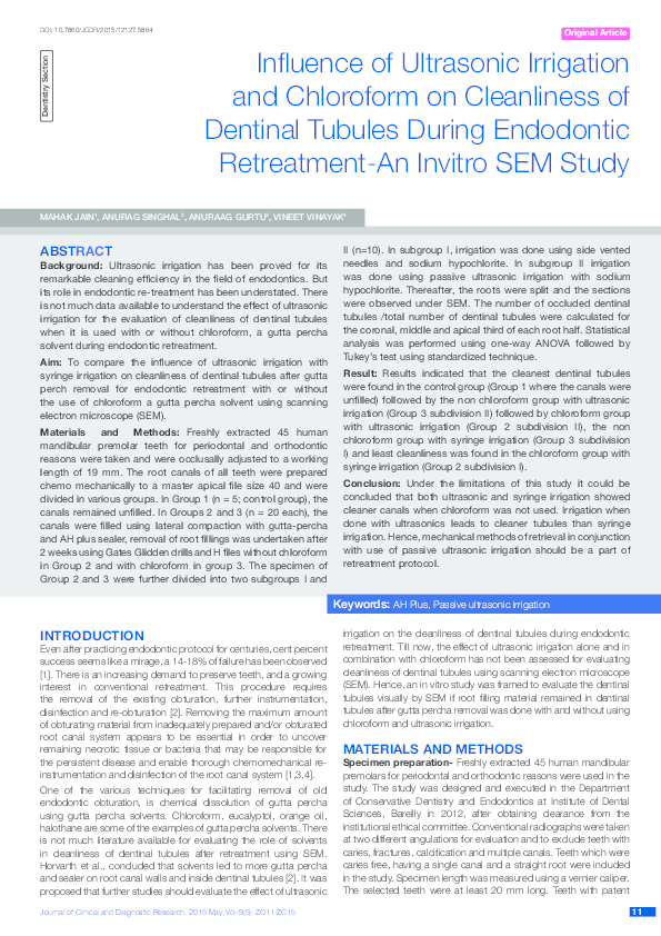 (PDF) Influence of Ultrasonic Irrigation and Chloroform on cleaniness