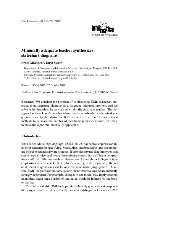 (PDF) Minimally adequate teacher synthesizes statechart diagrams