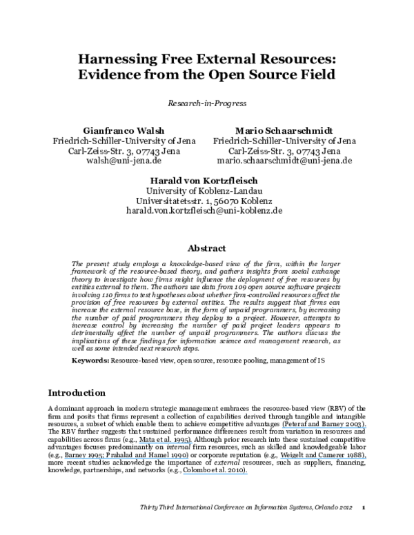 (PDF) Harnessing free external resources: Evidence from the open source ...