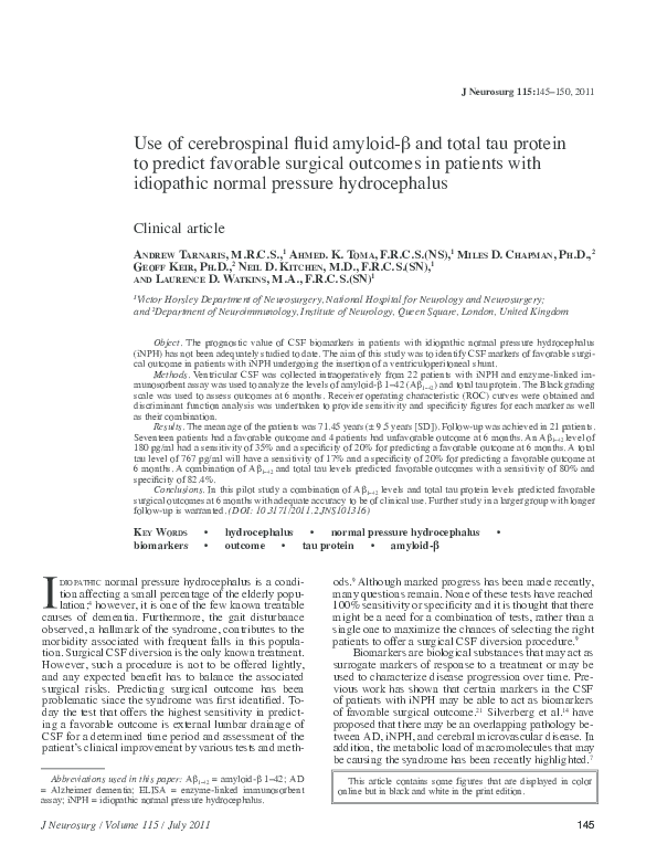 (PDF) Use of cerebrospinal fluid amyloid-β and total tau protein to ...