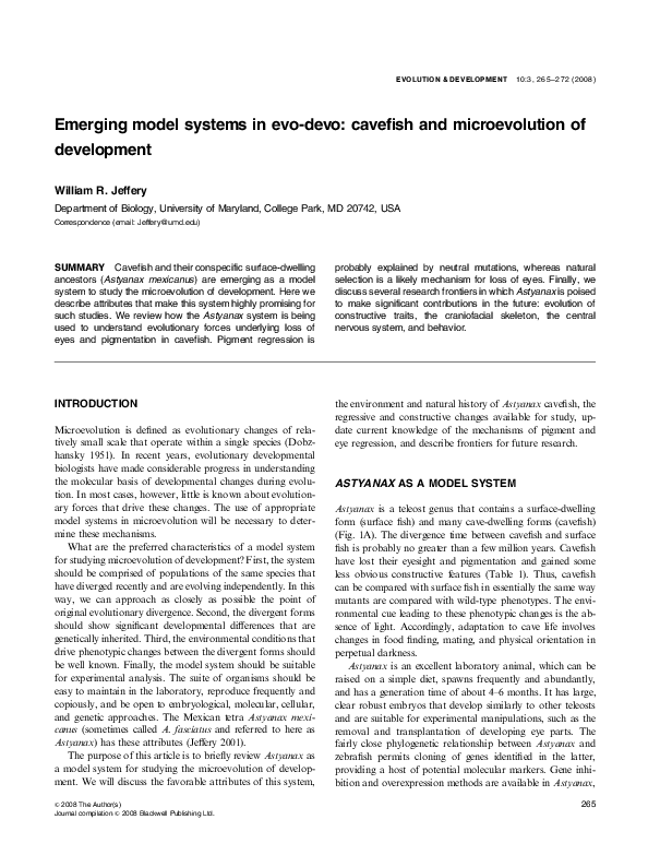 (PDF) Emerging model systems in evo-devo: cavefish and microevolution ...