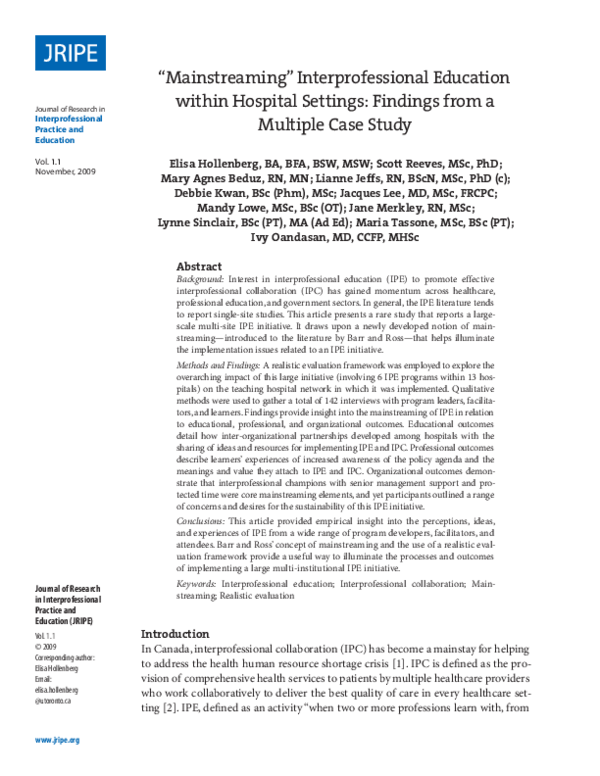 (PDF) “Mainstreaming” Interprofessional Education within Hospital ...