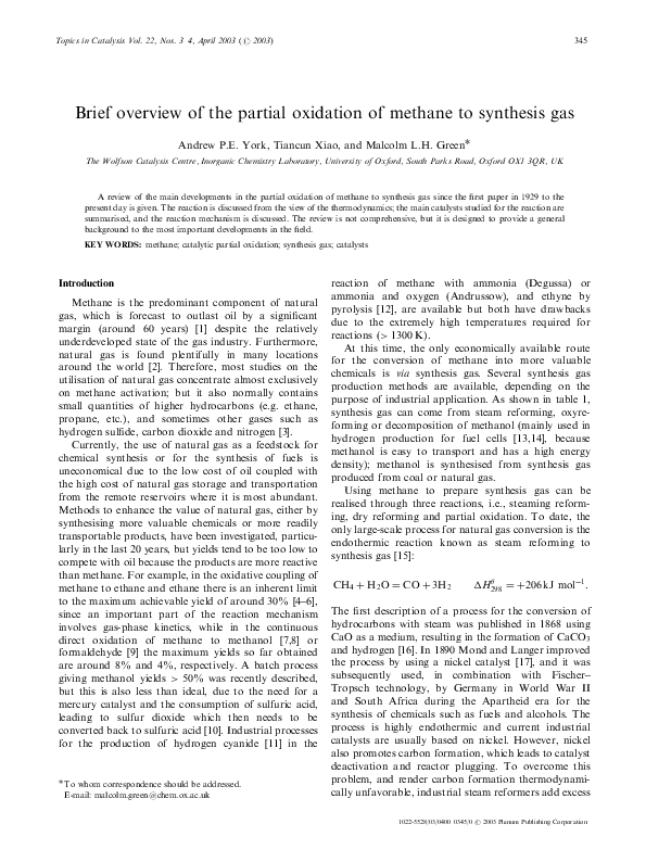 (PDF) Brief overview of the partial oxidation of methane to synthesis gas
