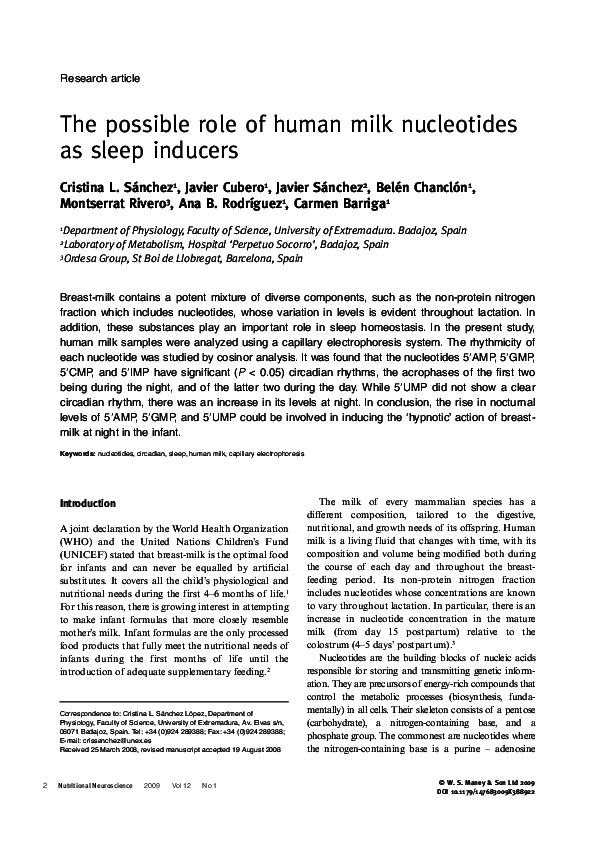 (PDF) The possible role of human milk nucleotides as sleep inducers
