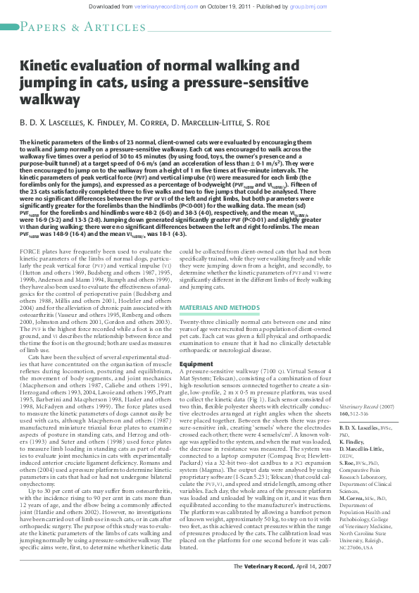 (PDF) Kinetic evaluation of normal walking and jumping in cats, using a ...