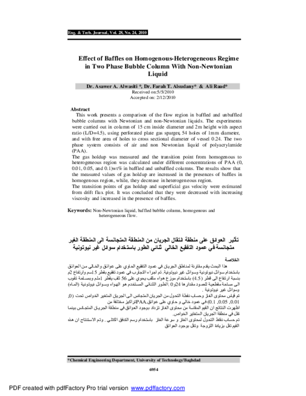Effect of Baffles on HomogenousHeterogeneous Regime in Two Phase Bubble Column With Non