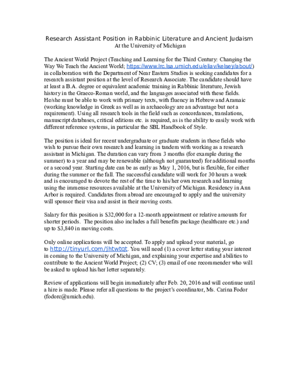 doc research associate position in rabbinic lit and umich cover letter