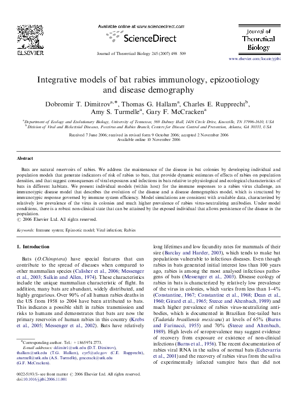 (PDF) Integrative models of bat rabies immunology, epizootiology and
