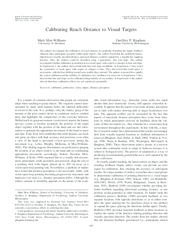 (PDF) Calibrating reach distance to visual targets.
