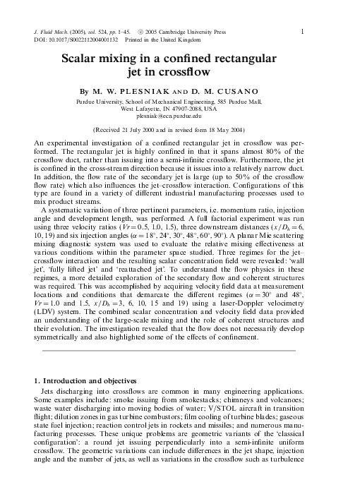 (PDF) Scalar mixing in a confined rectangular jet in crossflow