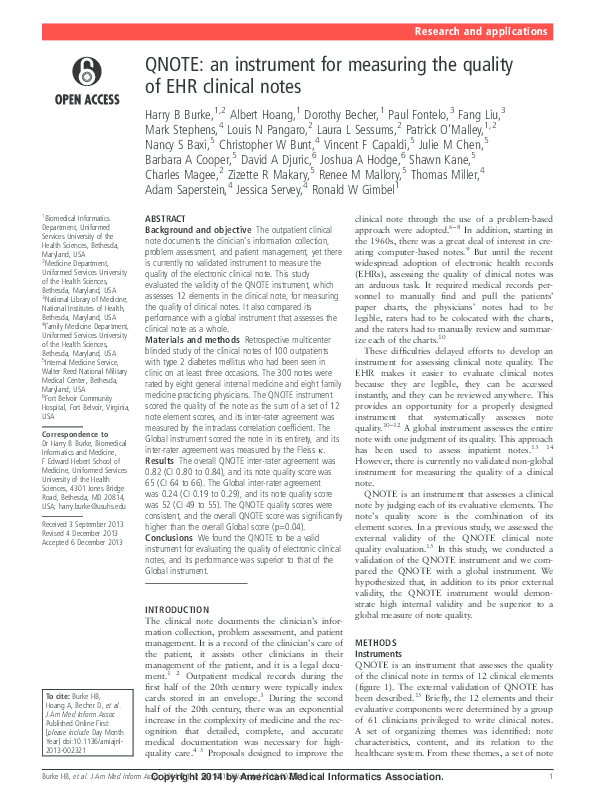 (PDF) QNOTE: an instrument for measuring the quality of EHR clinical notes