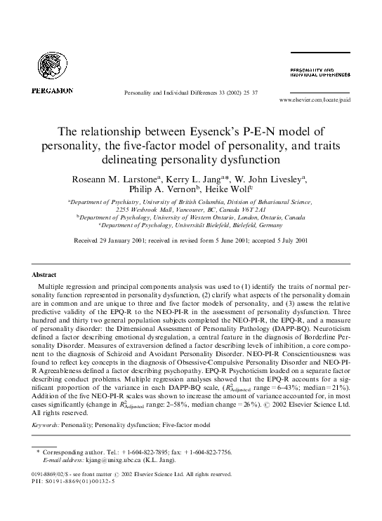 (PDF) The relationship between Eysenck's P–E–N model of personality and ...