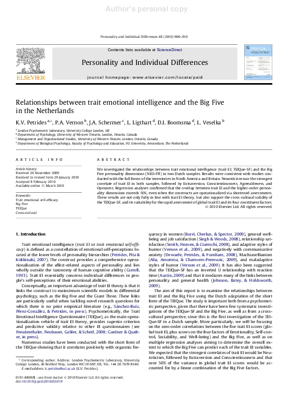 (PDF) Relationships between trait emotional intelligence and the Big ...