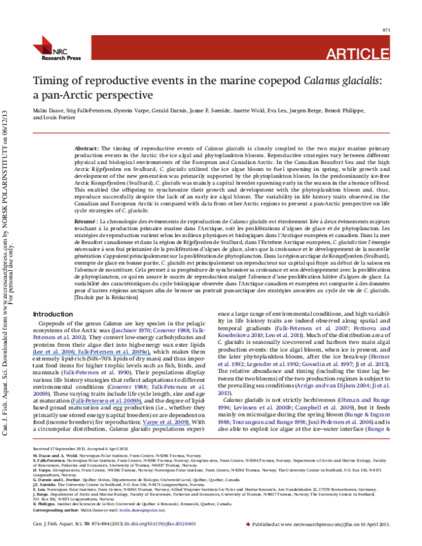 (PDF) Timing of reproductive events in the marine copepod Calanus ...