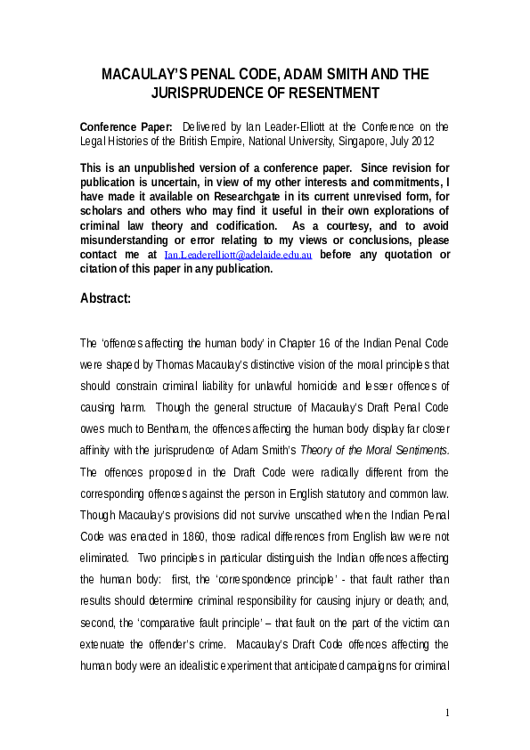 MACAULAY’S PENAL CODE, ADAM SMITH AND THE JURISPRUDENCE OF RESENTMENT