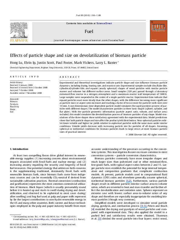 (PDF) Effects of particle shape and size on devolatilization of biomass ...