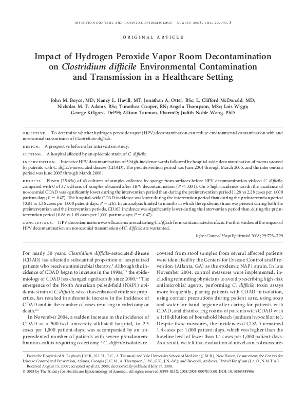 (PDF) Impact of Hydrogen Peroxide Vapor Room Decontamination on ...