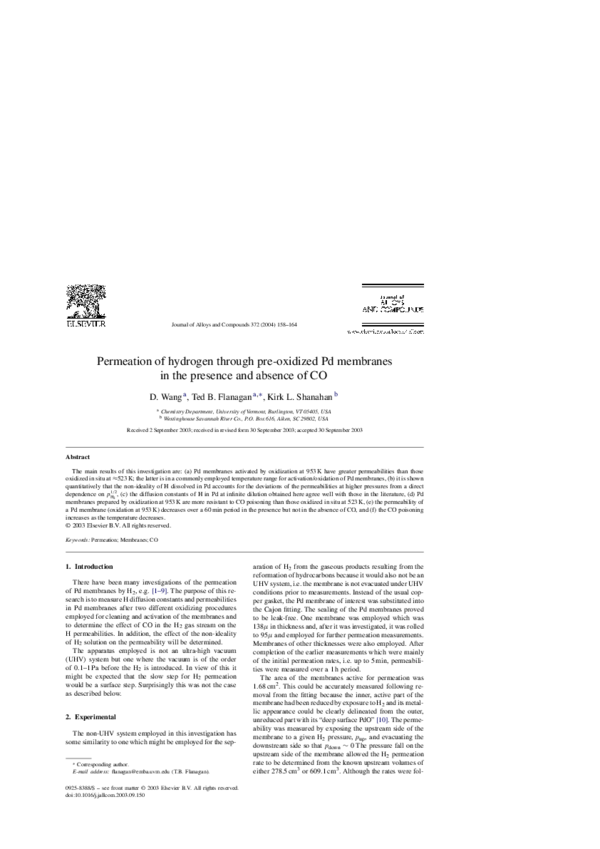 (PDF) Permeation of hydrogen through pre-oxidized Pd membranes in the ...