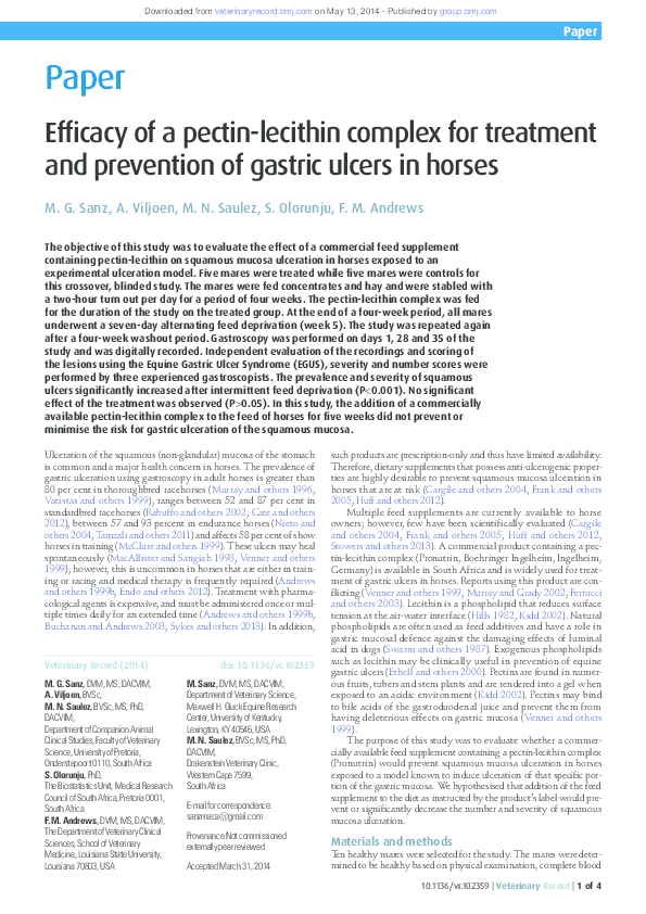 (PDF) Efficacy of a pectinlecithin complex for treatment and prevention of gastric ulcers in