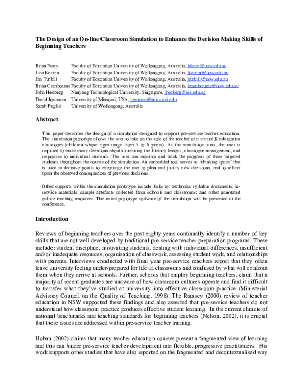(PDF) The Design of an On-line Classroom Simulation to Enhance the ...