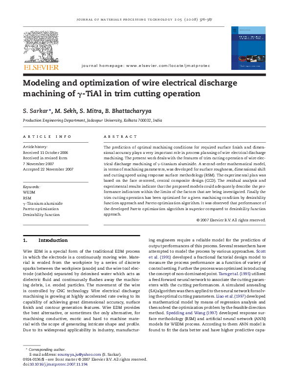 (PDF) Modeling and optimization of wire electrical discharge machining ...